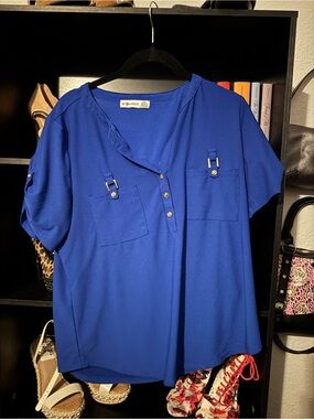 Madison Royal Blue Short Sleeve Henley Tunic with Gold Accents